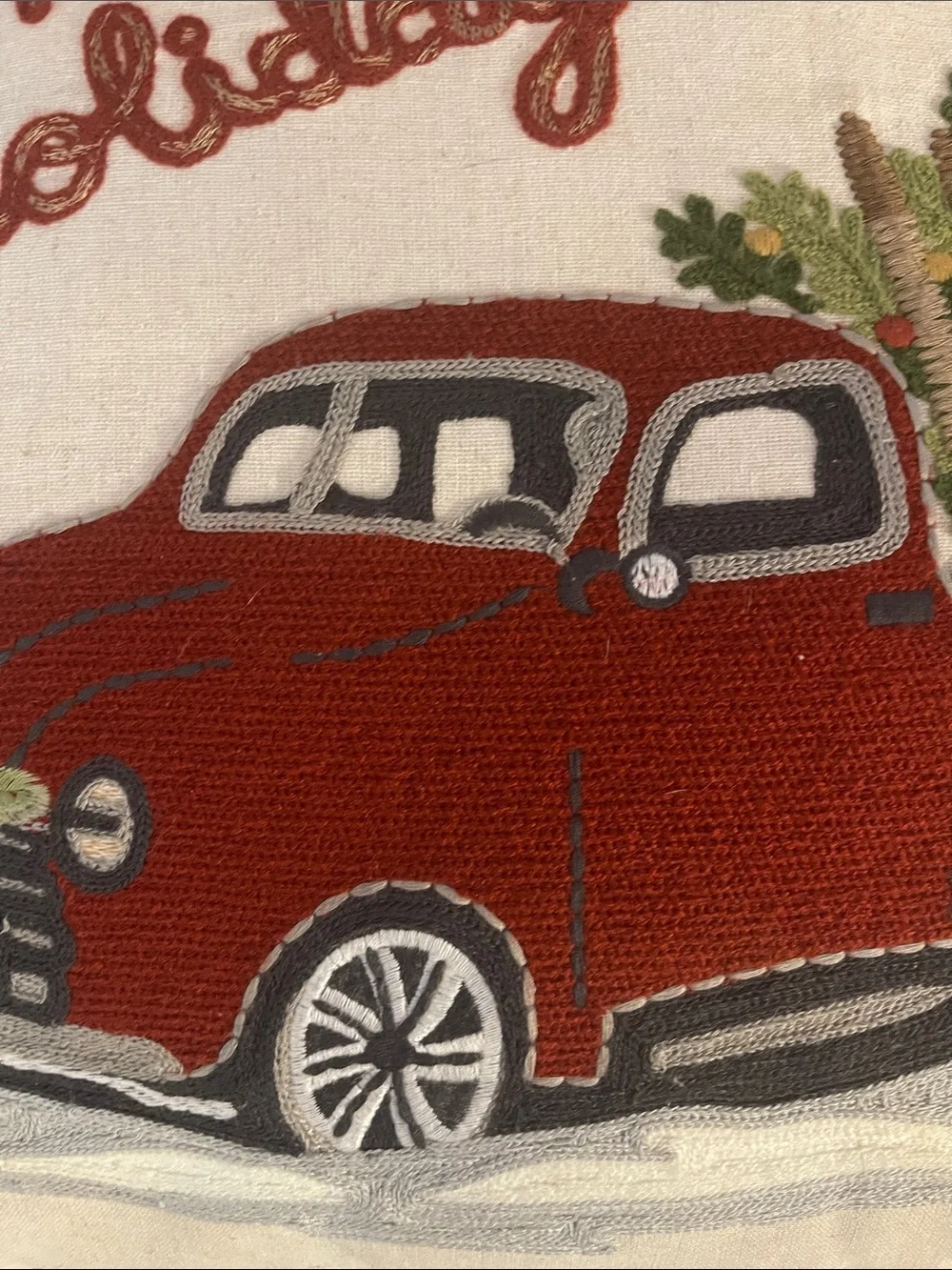 Pier 1 Red Truck Holiday Pillow with Green Tree and Script
